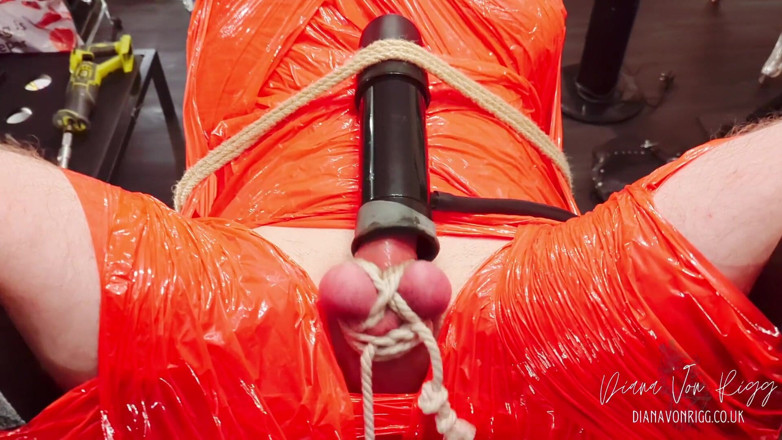 Diana Von Rigg: Merciless Cock Milking (tight Shiny Red Plastic Mummificaton and Remote Anal...