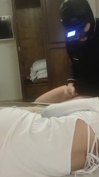 Blowjob Bound on a Bed, Wearing Platform Boots and Pantyhose, You Can See My Beautiful Ass and Legs