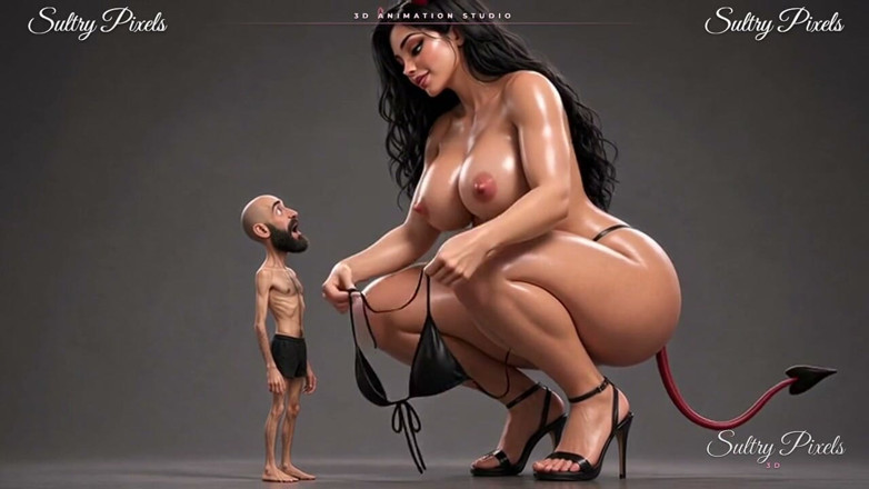 Sultry Pixels 3D: 巨大な女悪魔が小さなひげの男のために上半身裸になる - 彼は彼女のハイヒールにキスをする