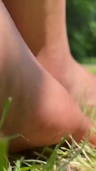 Stepmommy Barefoot Outside Plays in the Grass