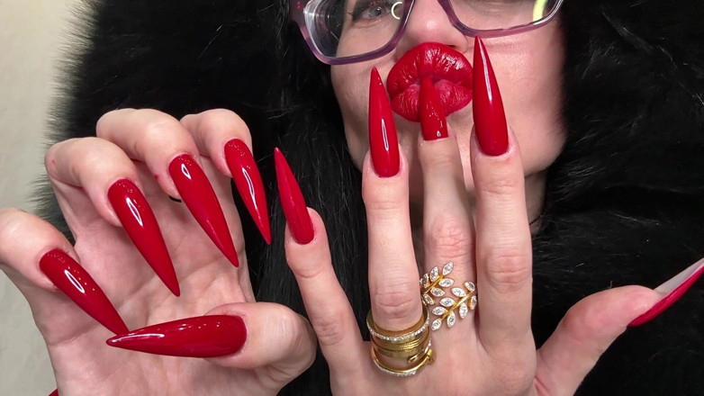Julia domaina: Red Long Nails, Claws and Fur, Red Underwear, Stockings with...