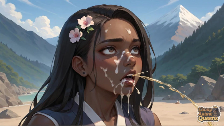 Ebony Anime Queens: Mamada en la playa de la reina de la montaña...