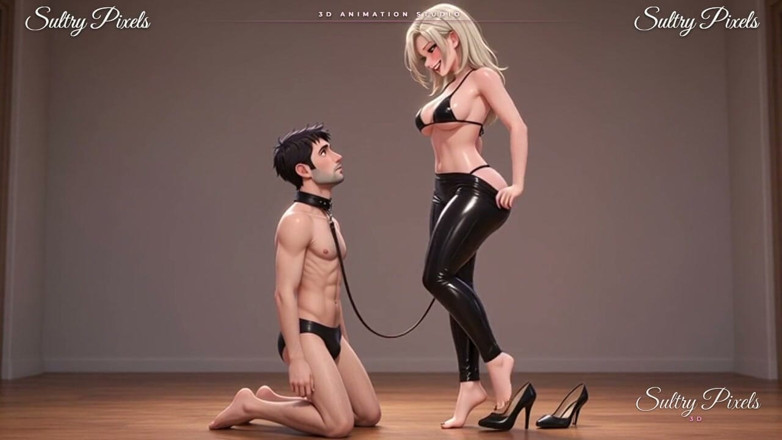 Sultry Pixels 3D: Tall Latex Blonde Leads Her Collared Man by the Leash -...