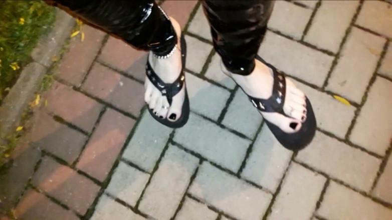 Heelex: Crossdresser on a Street in Latex Leggings and Sexy Platform...