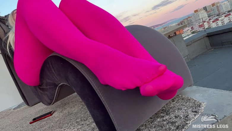Mistress Legs: Pink Nylon Tease on the Rooftop at Sunset - Feet and...