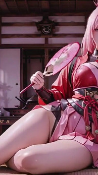 Crimson Samurai! Różowowłosy wojownik klęczący na Tatami, High-slit Kimono Slipping odsłonić zaśnieżone uda.