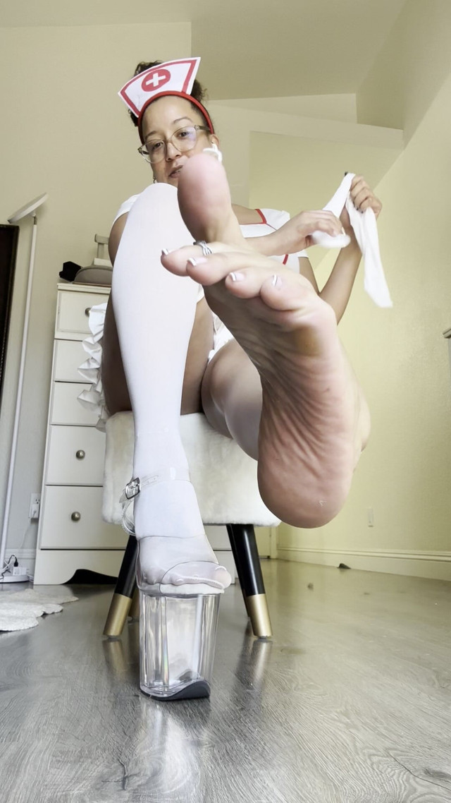 Latina Nurse Roleplay in Pleaser Heels with Thigh High Nylon Stocking Removal (Tan feets)