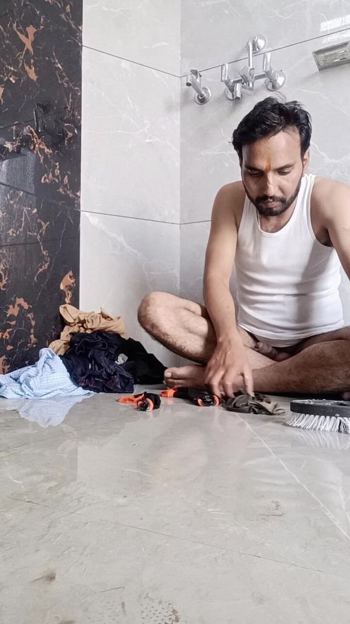 Rajasthani-old-lover: Desi young boy enjoy washing father's underwear