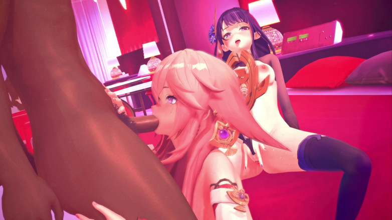 NSFWOtaku: Genshin Impact - Raiden Shogun &amp; Yae Miko Group Sex - 3D Hentai Animations