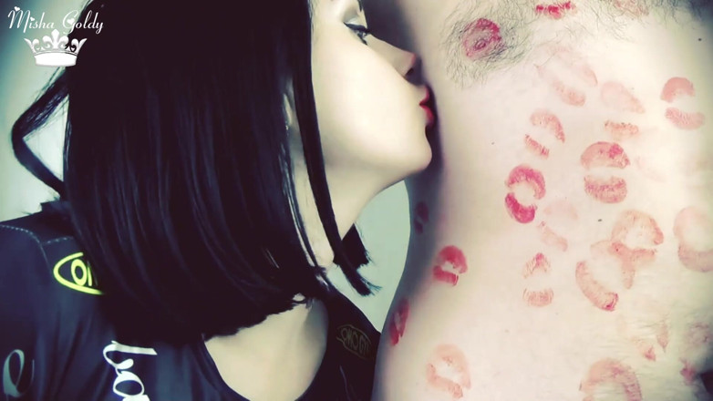 Goddess Misha Goldy: Covering Alex belly, chest and navel with red lipstick kisses!!