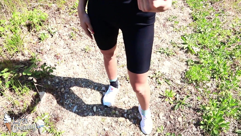 Lya Creamy: Blonde suck big cock and oral creampie outside after training...