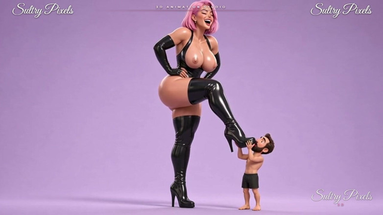 Pink-haired Latex Mistress Makes Her Tiny Man Kiss the Sole of Her Boot