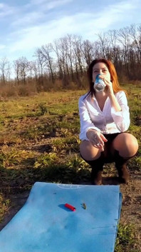 Skinny Readhead Smoking and Laughing Outdoor While Touching Her Pussy Trough Pantyhose