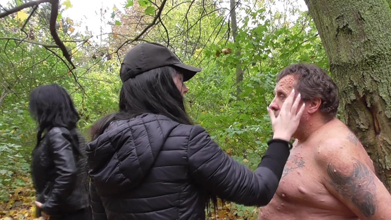 Femdom Austria: Slapping session in the forest for the naked male slave
