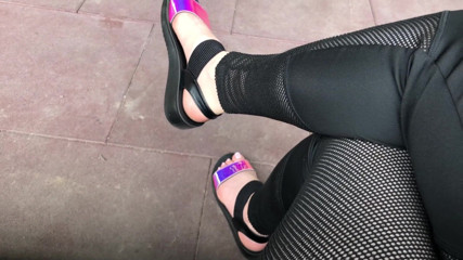 Goddess Misha Goldy: My new shiny sandals and toes tease outdoor