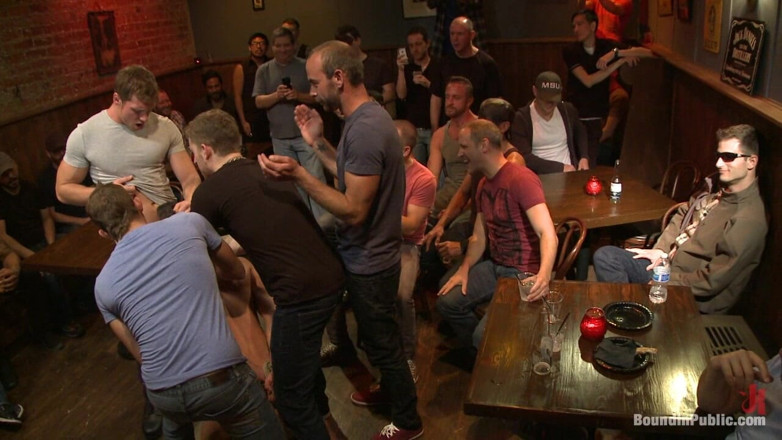 Bound in public: Gangbang and Cum for a Stuck up Go-go Boy