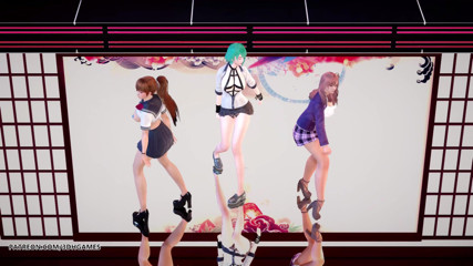 3D-Hentai Games: Perra enmascarada sexy striptease Honoka, Katsumi, Tamaki. Doa baile caliente