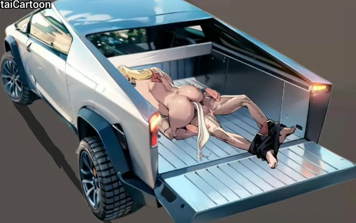 Hentai cartoon: Hete autoseks met de secretaresse op een Tesla cybertruck op...