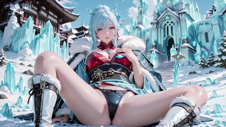 Seraphina Vale: Silver-haired Maid in an Ice Palace! Red &amp; Green Kimono, Legs...
