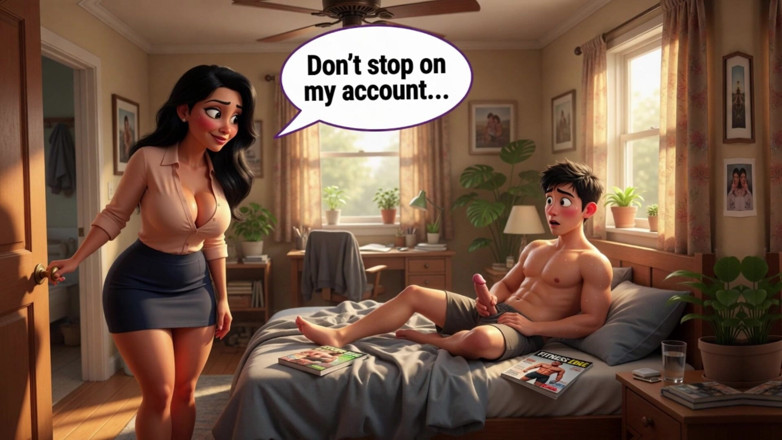 My night collection: Ronde, volwassen vrouw betrapt man op masturberen en sluit zich...
