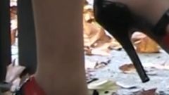 Dangling on a Bench with Red and Black Shoes