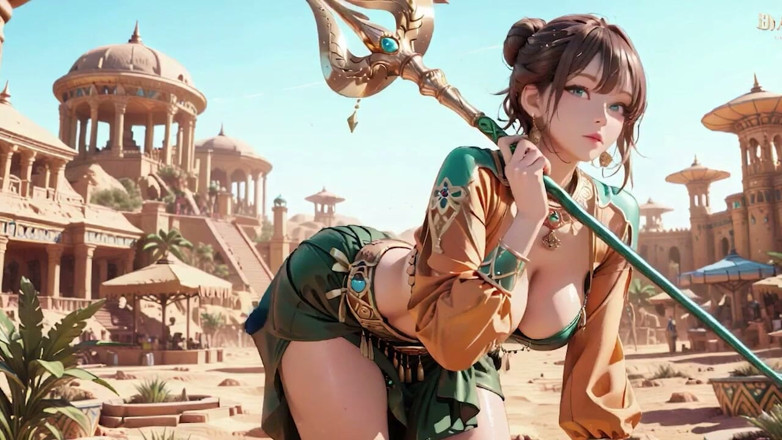 Seraphina Vale: 绿金女王加冕！懒惰的侧边在沙漠宫殿，手指戏弄头发和面纱，阳光亲吻的皮肤闪闪发光。