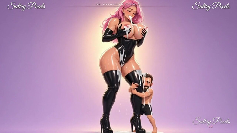 Sultry Pixels 3D: Uriașă anime cu păr roz strânge lapte din țâțele ei uriașe în...