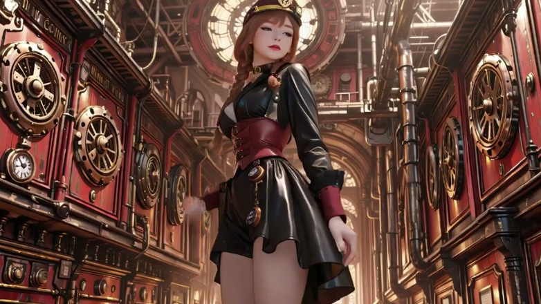 Seraphina Vale: ستيمبانك دوقة! فتاة ميكانيكية ذات شعر أحمر تثير في قاعة التروس.
