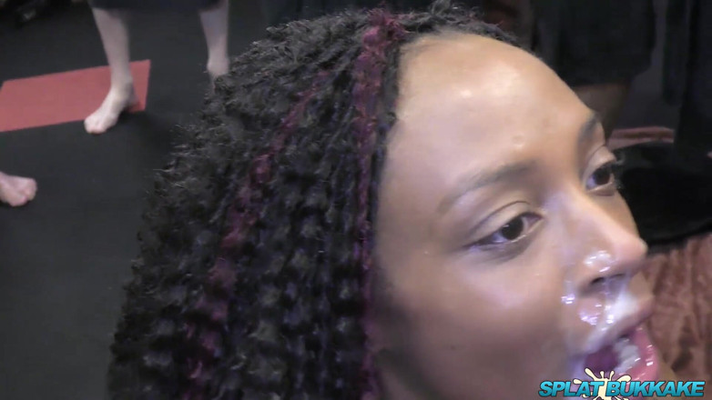 100% Amateur Gangbang and Bukkake from the UK!: Gorgeous ebony babe Lola Marie takes more cum