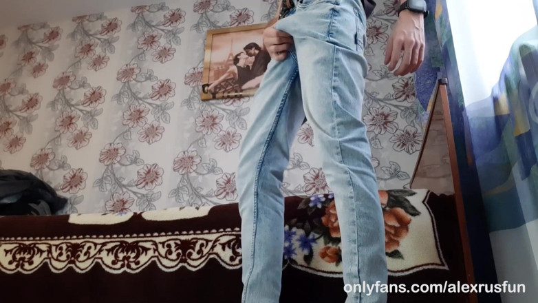 AlexRusFun: Horny teen in jeans jerking off his huge cock and...