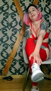 Lady Angela Polish Language Stinky Sneaker Fetish Red Latex Leggings Bare Feet
