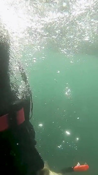 Ragazza libera in acqua aperta con pinne ultra lunghe, mutando e attrezzatura per snorkeling