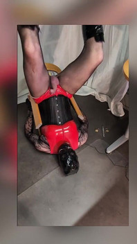 Cum Handsfree Onto Mask in Mouth, by Electro Stim. Gorgeous CD in Red Pvc Suit, Highheel Boots, Fishnets and Corset.