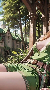 숲의 비밀에 있는 녹색 엘프! 햇볕 아래에서 무릎을 꿇고, 입술을 만지는 손끝으로 꿈꾸는 애타게 놀리기