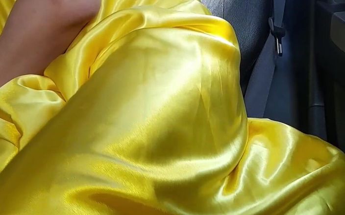 Naomisinka: Sexy Crossdresser Masturbating Wearing Yellow Satin Shiny Dress