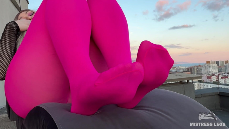 Mistress Legs: Pink Nylon Tease on the Rooftop at Sunset - Feet and...
