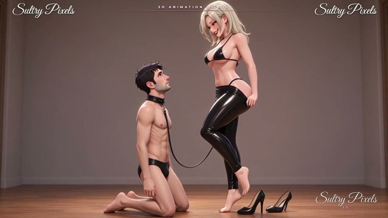 Sultry Pixels 3D: Tall Latex Blonde Leads Her Collared Man by the Leash -...