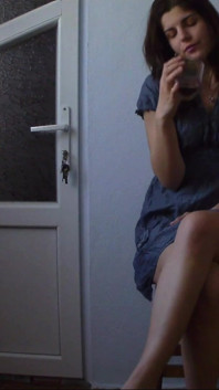 Horny Girl on a Chair Drinks Juice and Play with Herself