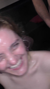 A Brunette Teen with Perky Boobs Is Ready to Please All of These Hard Cocks