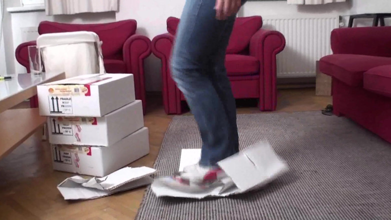 Foot Girls: Trampling boxes in the living room