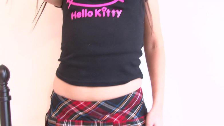 Lesbian Illusion: Small tits brunette strips down her clothes on the bed
