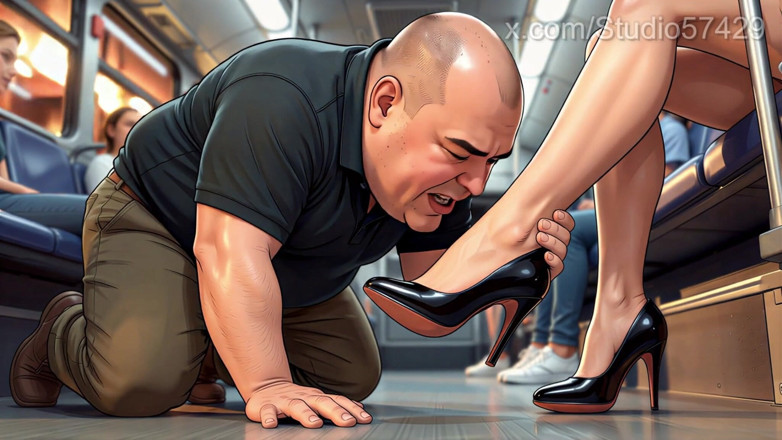 Supreme femdom: Pantoful pervers linge pantofii pentru femei într-un autobuz aglomerat