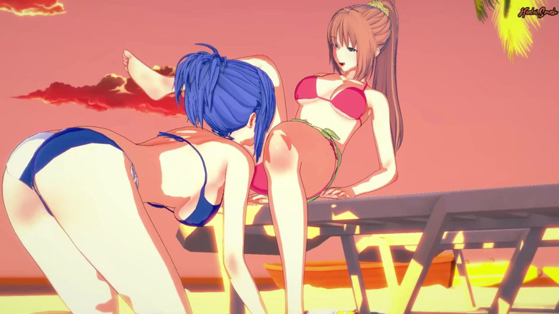 Hentai Smash: 桜楓と妹野夏鶴はビーチでレズビアンセックスをしています-Kampfer変態