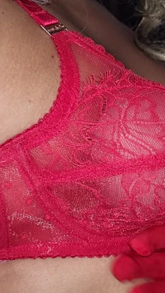 Sensual Red Lace Bra, Spandex Gloves, Caressing My Round and Firm Tits thumbnail