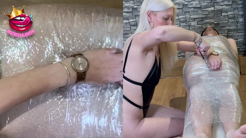 BJQueen and Rod: Mummified Slave Expecting a Handjob, Locked in a Chastity Cage...