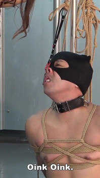 Mistress Plays with Her Slave Butler as a Human Toy Using Rope, Nose Hook, Ball Gag, Candle Wax and Nipple Clips