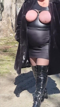 Julie Walking Through a Car Park Wearing Fur Coat, See Her Bound Tits Sticking Out
