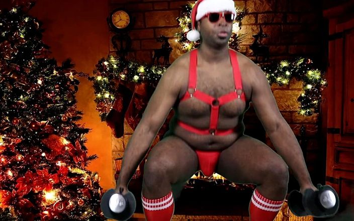 Bamaboi Chris XXX: Seksi zenci Noel Baba büyük çoraplı doldurma aletini sıvazlamadan önce çalışıyor