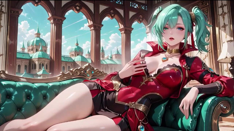 Tay Swift X: The Red-clad Blade's Private Tease! Green-haired Warrior in a Black-red...