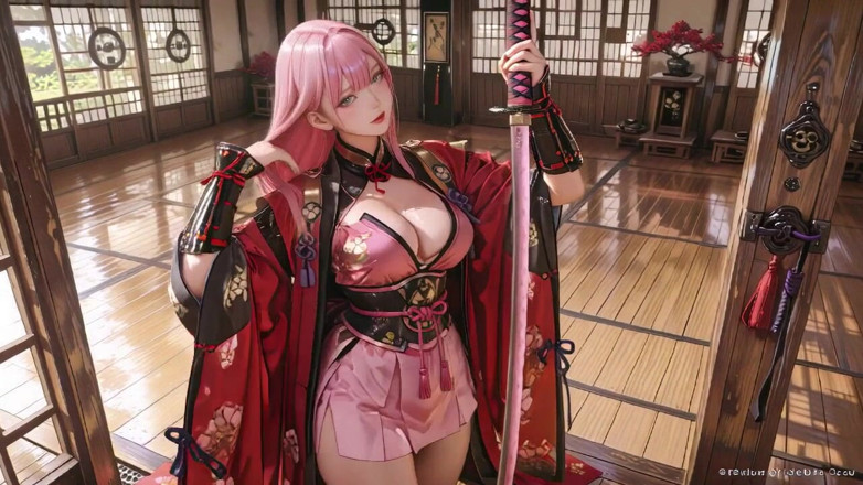 Seraphina Vale: Crimson samouraï ! Une guerrière aux cheveux roses s’agenouille sur La...